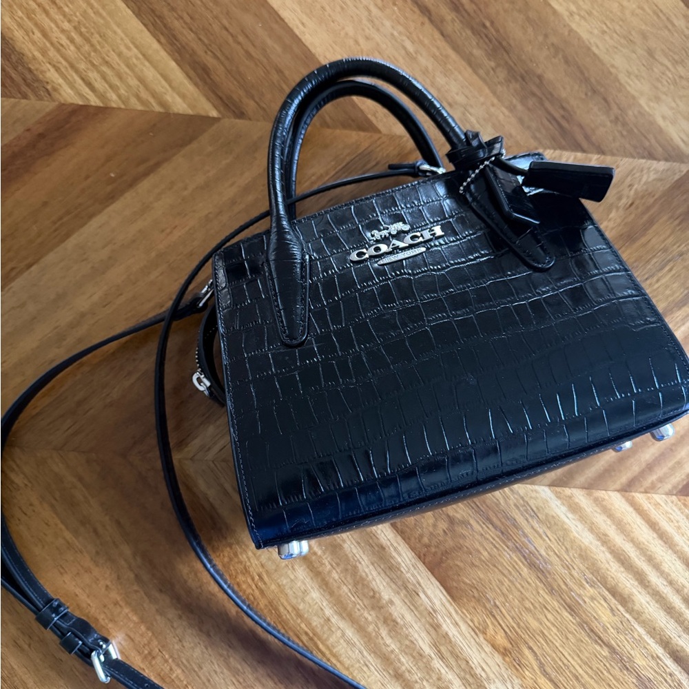 Coach Black Croc-Embossed Mini Satchel with Shoulder Strap